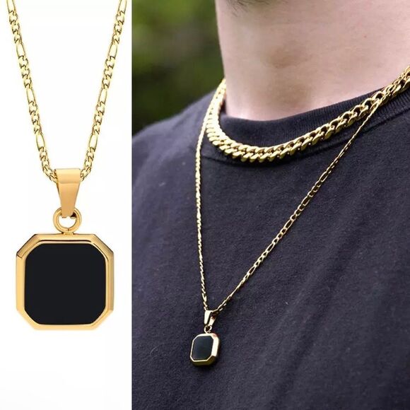 Mens Stainless Steel Figaro Chain Square Pendant Necklace 22” - Picture 1 of 2